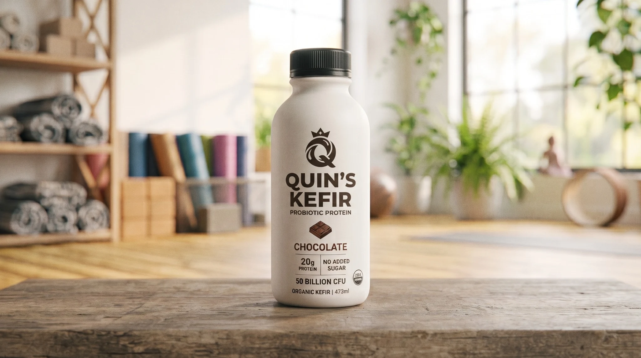 Quin’s chocolate protein kefir concept bottle in a sunlit yoga studio